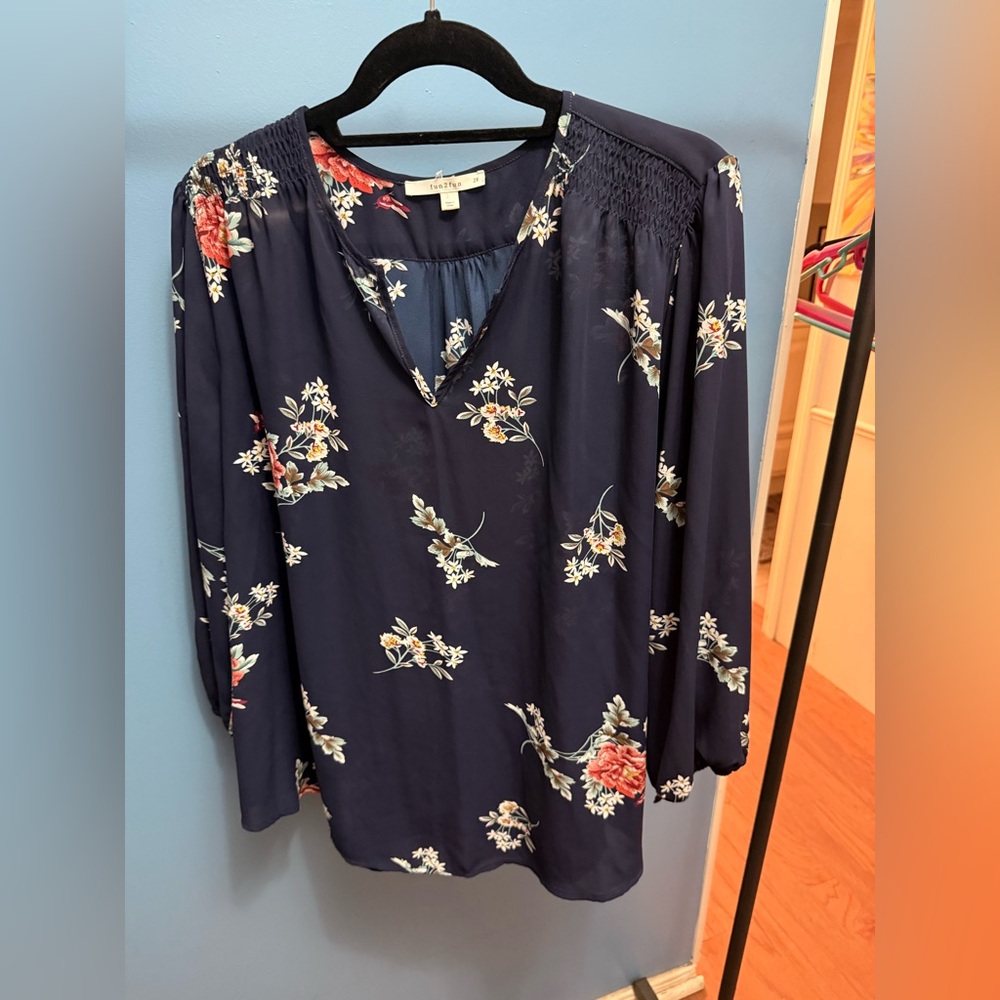 Fun 2 Fun Dark Blue Floral Blouse